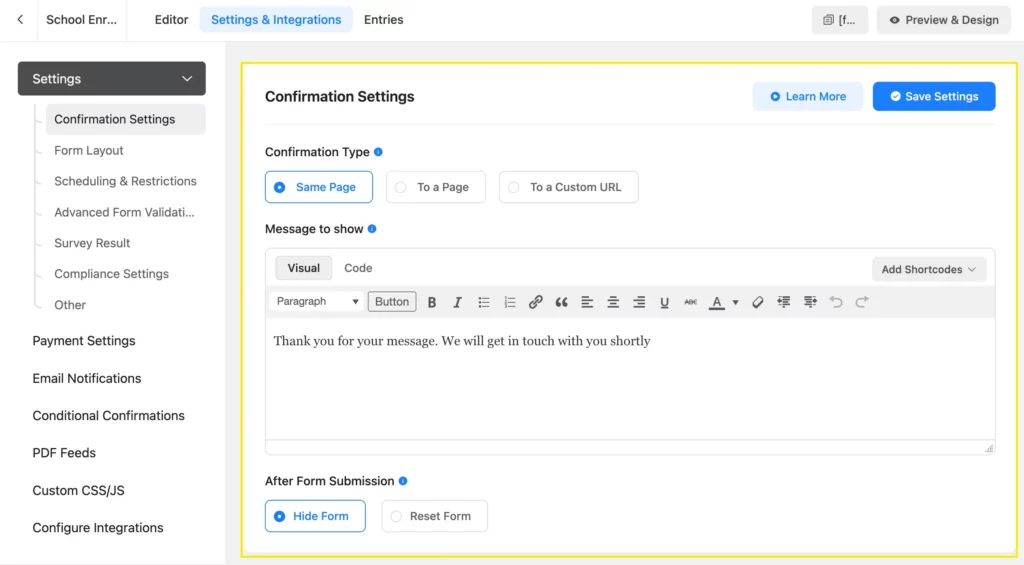 Form confirmation settings 